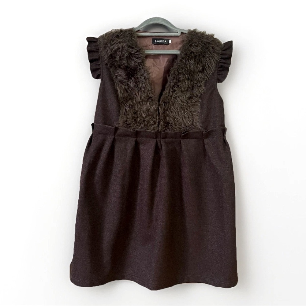 NWOT Taiwanese Brown Elegant Sweet Mini Dress with Faux Fur Detail Size L - XL